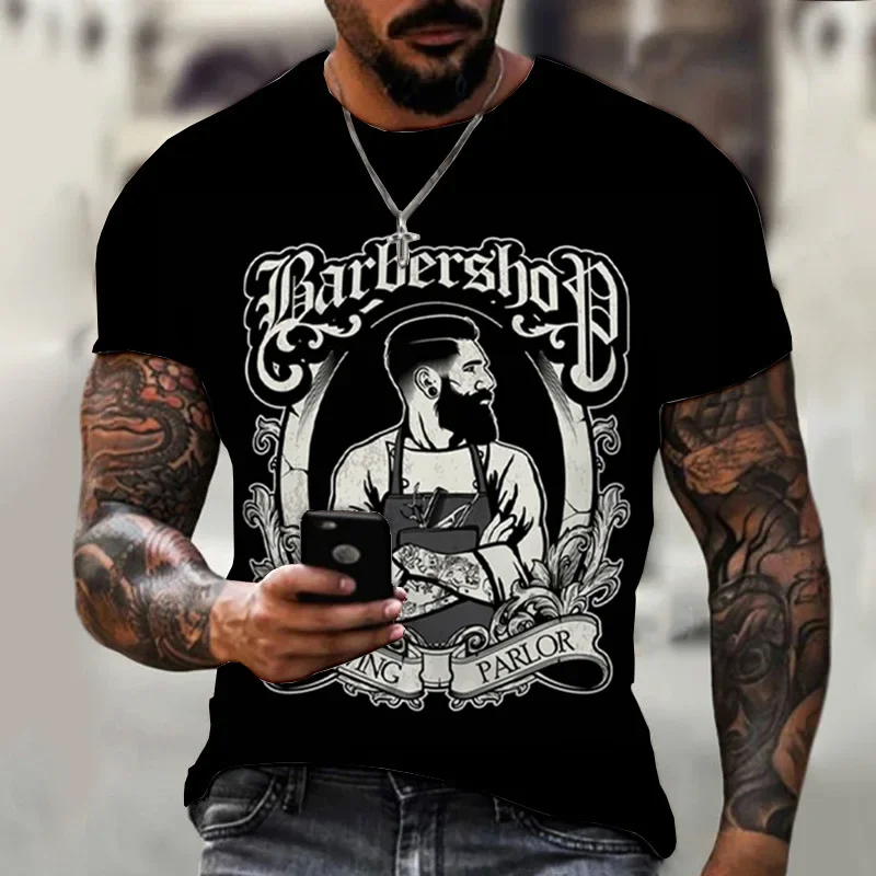 Vintage T-shirt For Men Handdrawn Barber Shop Logo  Graphic Printed T-Shirts Short sleeved Tee Oversized Men Clothing Top Summer