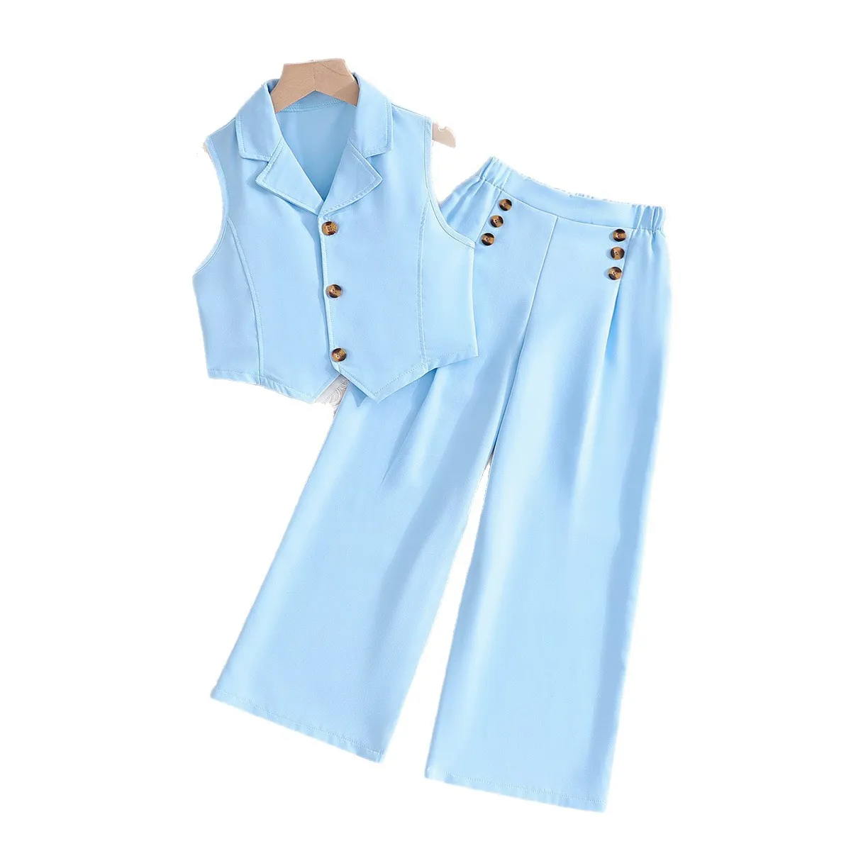 2026 Summer Girls 2PCS Outfit Set Sleeveless Blazer Vest Wide Leg Pants Kids Formal Suit Light Blue Casual Two-Piece Set 5-14Y