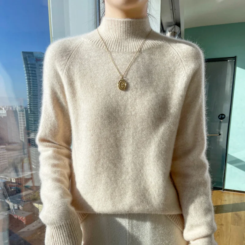 High-necked cashmere sweater women fall/winter 2023 new 100% pure wool sweater ladies knitted loose padded pullover women.