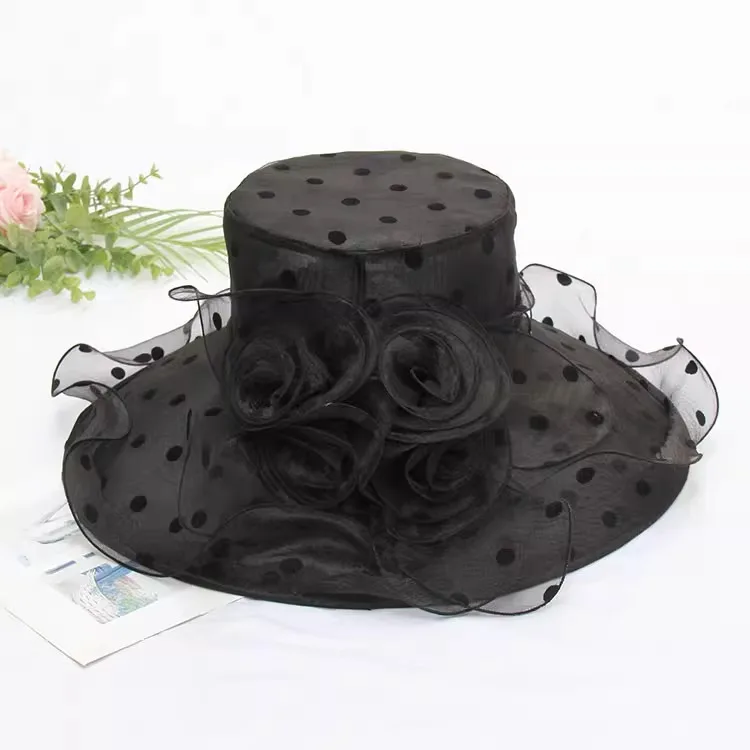 2024Newest Hot Fashion 1Pcs Mesh Ruffles Flower Women Kentucky Derby Wide Brim Wedding Church Occasional Organza Sun Hat