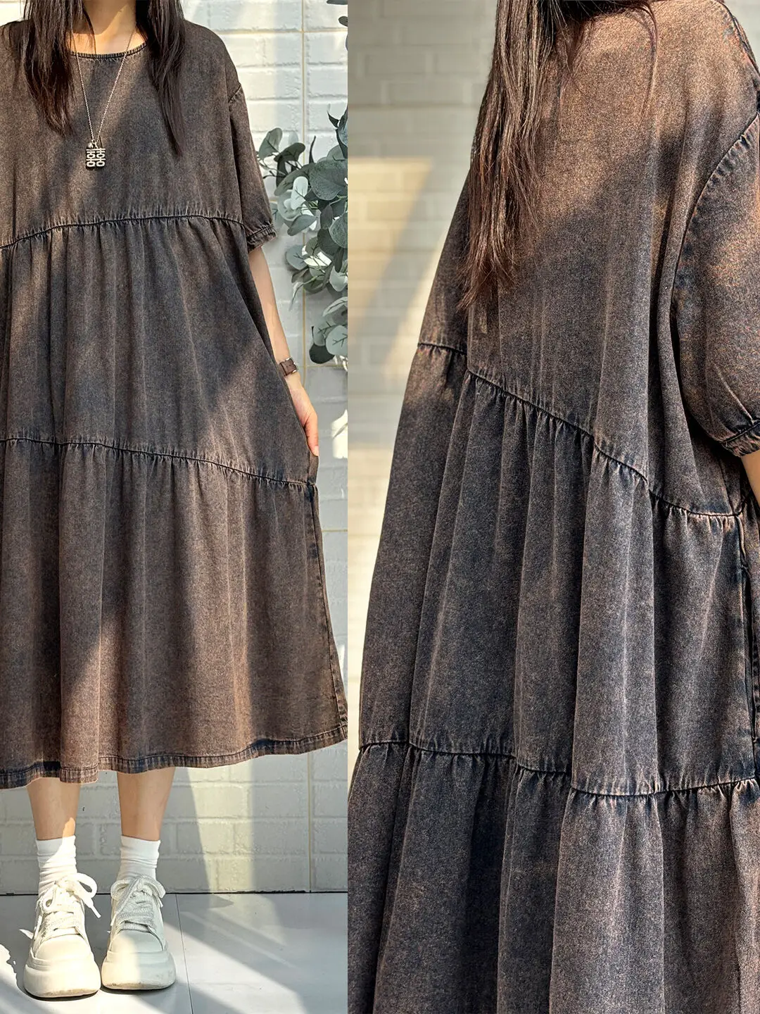 Washed Distressed Denim Short-sleeve Dress Women Loose Casual Large Hem Dress LX5788 - Image 4