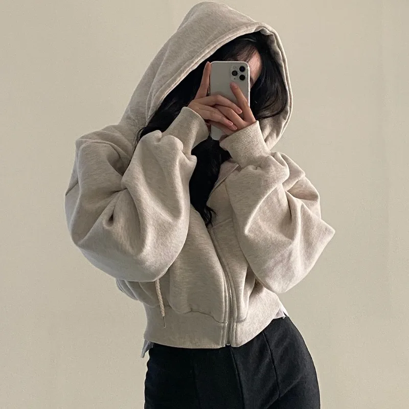 

Women's Spring Autumn Loose Drawstring Hooded Fashion Tight Hemline With Threaded Cuffs Short Versatile Long Sleeved Top