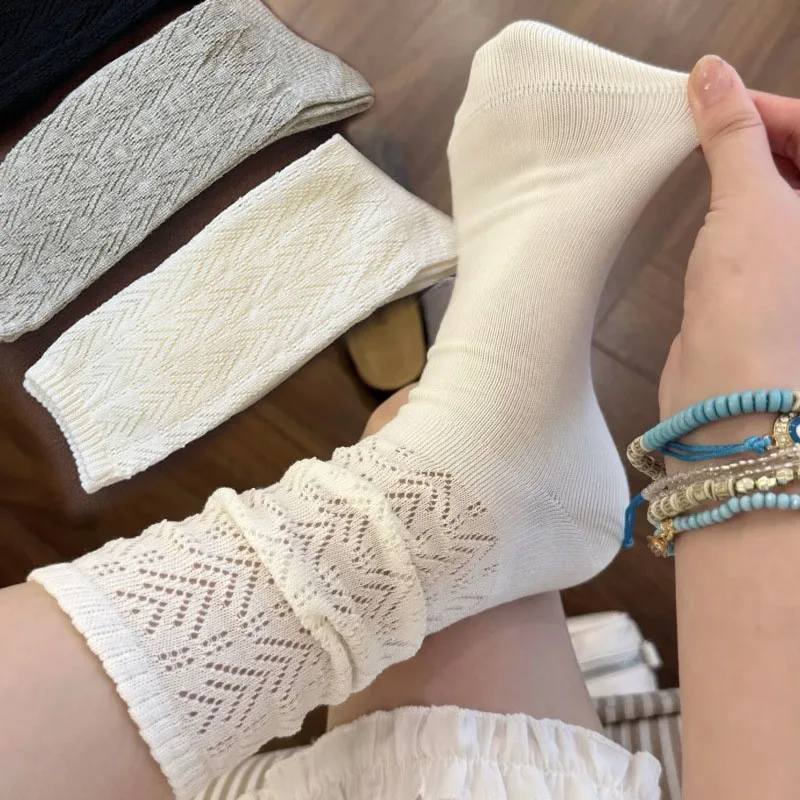 

Высококачественные хлопковые чулки для женщин, однотонные вязаные носки средней длины, осенне-зимние сетчатые белые, серые удобные носки для сна