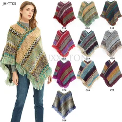 Mulher inverno manto macio malha listra borla cardigan capes xale casaco ponchos feminino étnico cape poncho manto dropship