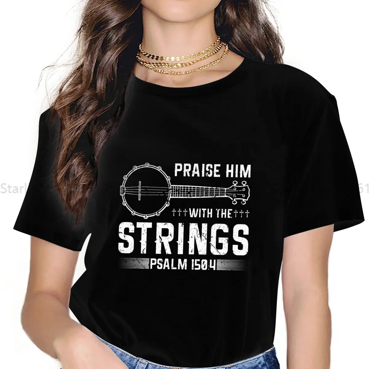 Praise Him With The Strings Psalm Women TShirt Music Art Girls Y2k Graphic Tops O-neck Polyester Female T Shirt Humor Gift