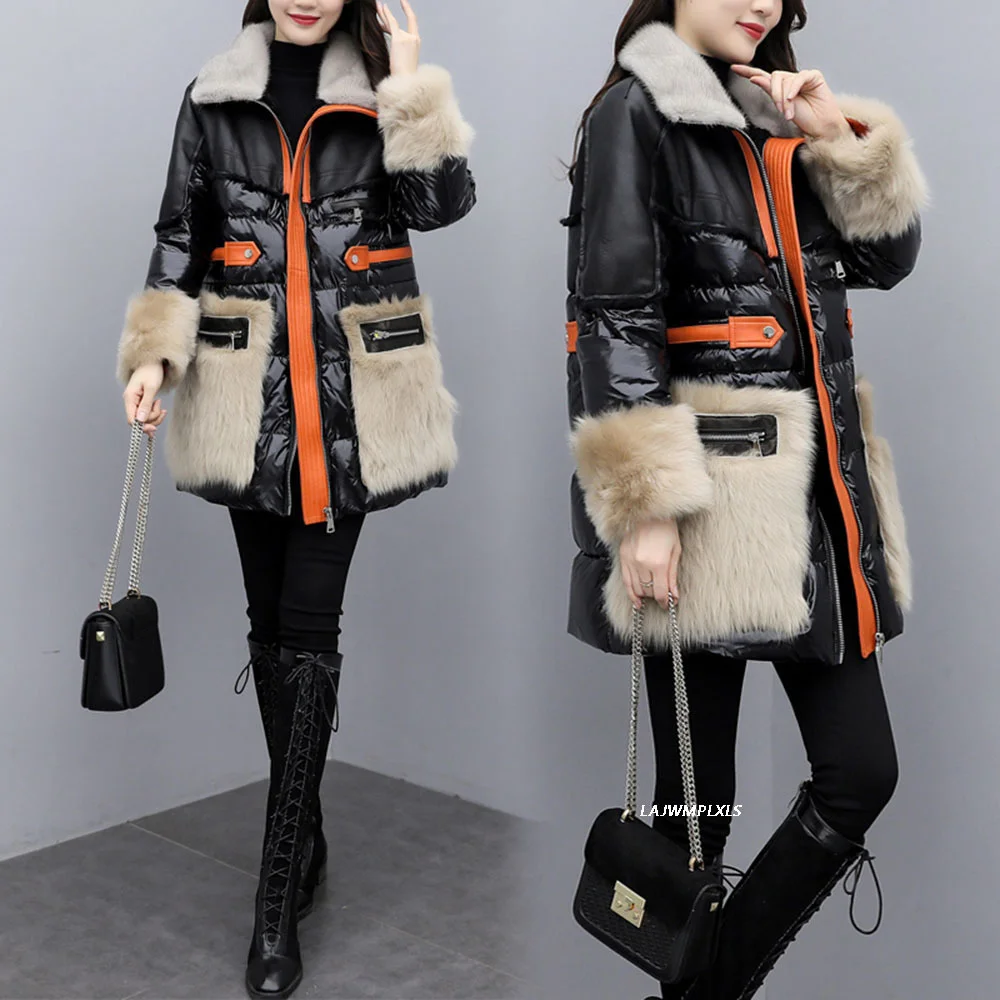 Duck 90% white Jacket Patchwork Fur Coats 2023 Fashion Women Overcoat Winter Turn-down Collar Down Parka