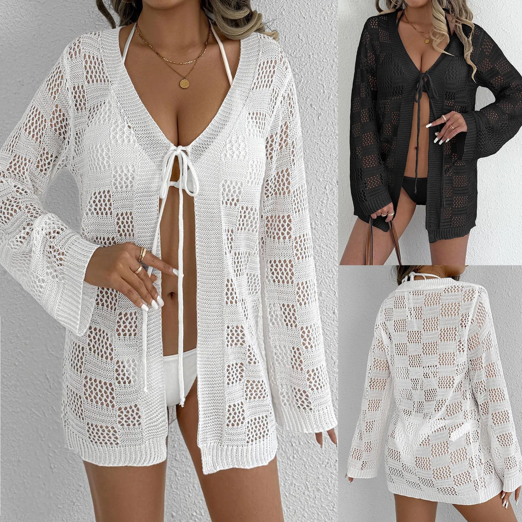 

Women's Long-Sleeved Cardigan Woven Shirt European And American Style Sunscreen Bikini Blouse Strap Beach Jacket for Women