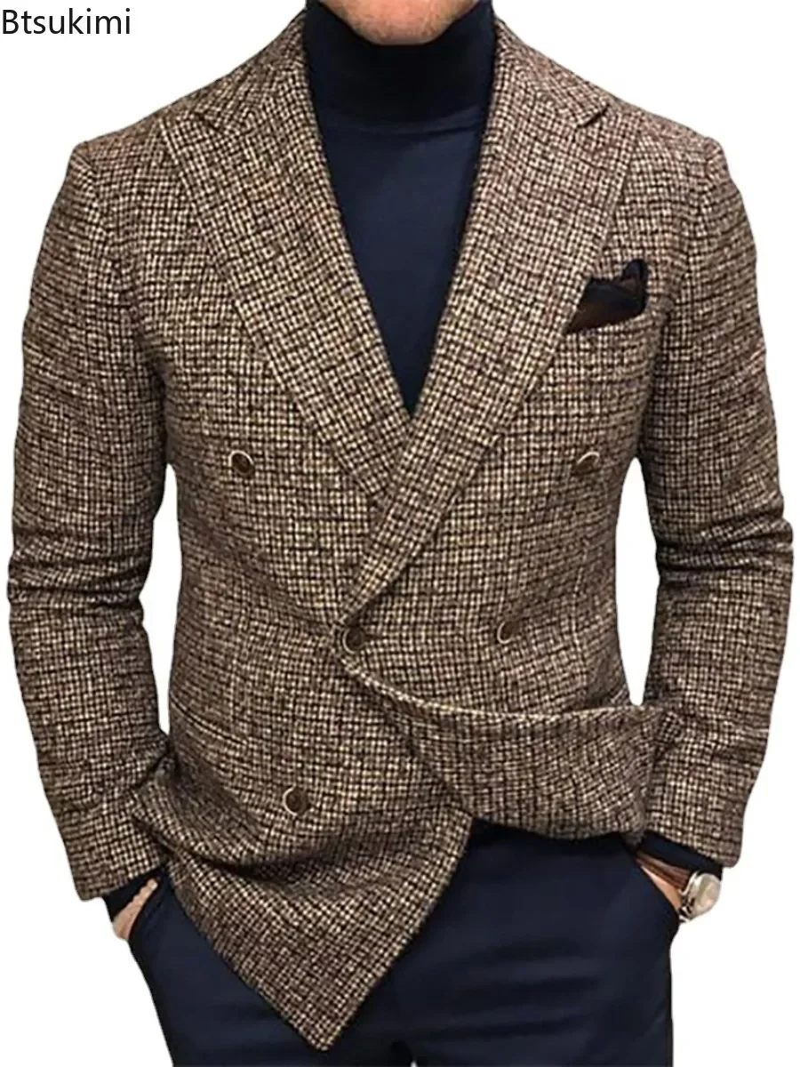 New 2025 Spring Autumn Men\'s Plaid Print Blazer Fashion Casual Slim Wedding Party Long Sleeve Suits Jacket Men\'s Clothing Blazer