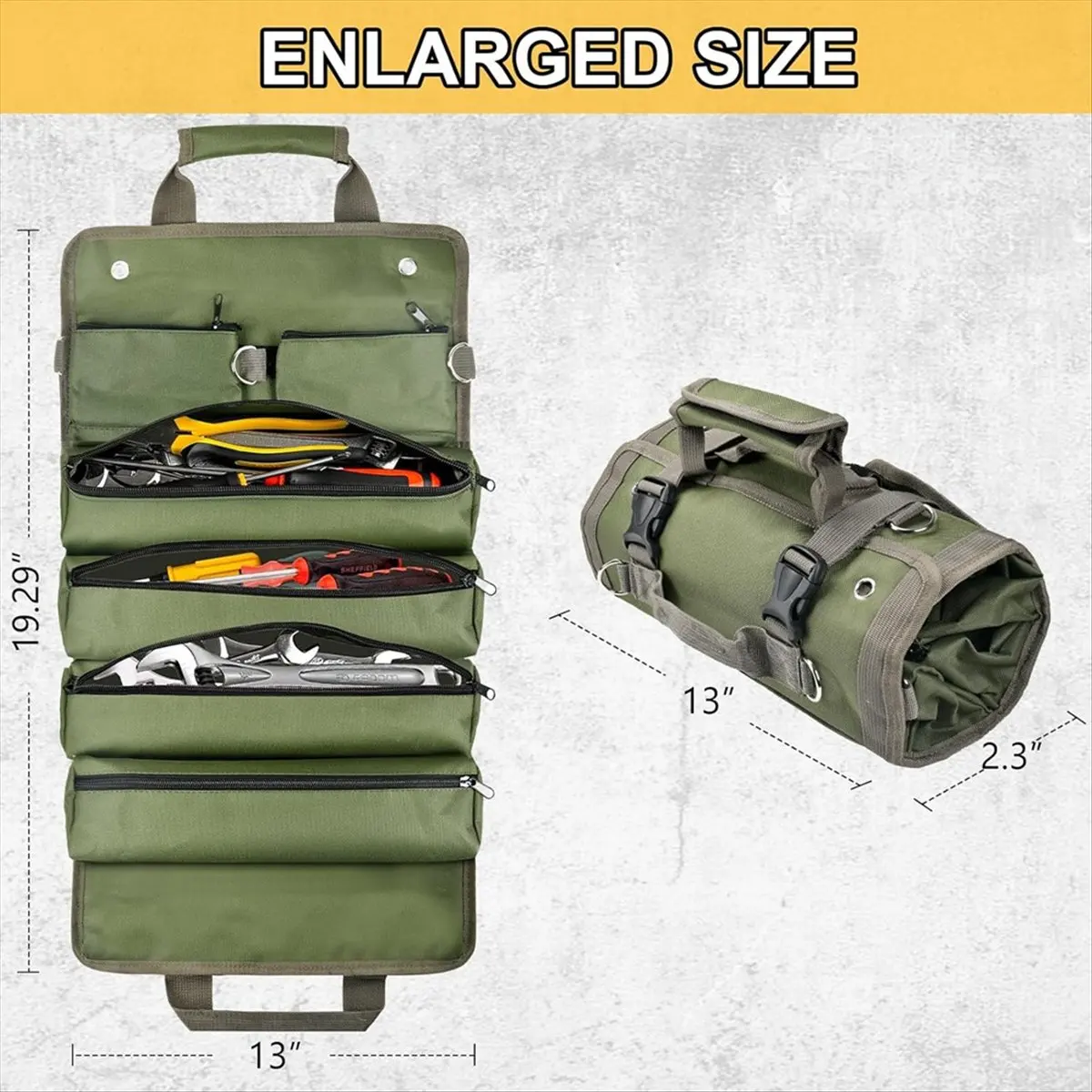 Roll Up Tool Bag,Heavy Duty Tool Organizer with 2 Detachable Zipper Pouches, Compact Tool Storage for Men Women