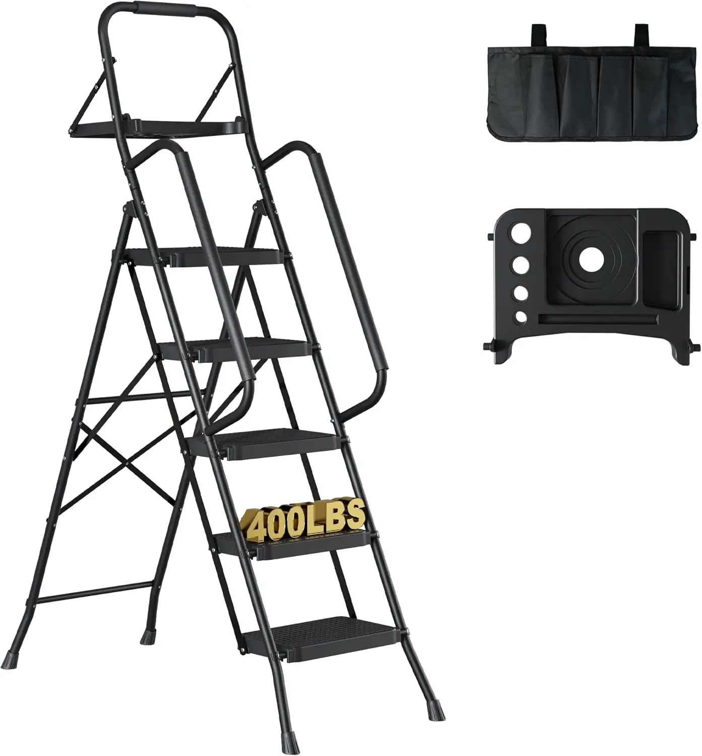 5-Step Ladder, Folding Step Stool with Tool Platform, Tool Bag, and Handrails, Wide Anti-Slip Pedals, Sturdy Steel Ladder with a