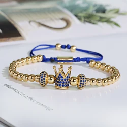 Gold Color Crown Bracelet Fashion Handmade Braiding Bracelet Blue Zircon Copper Bead CZ Bracelet Micro Pave Charms Jewelry Gift