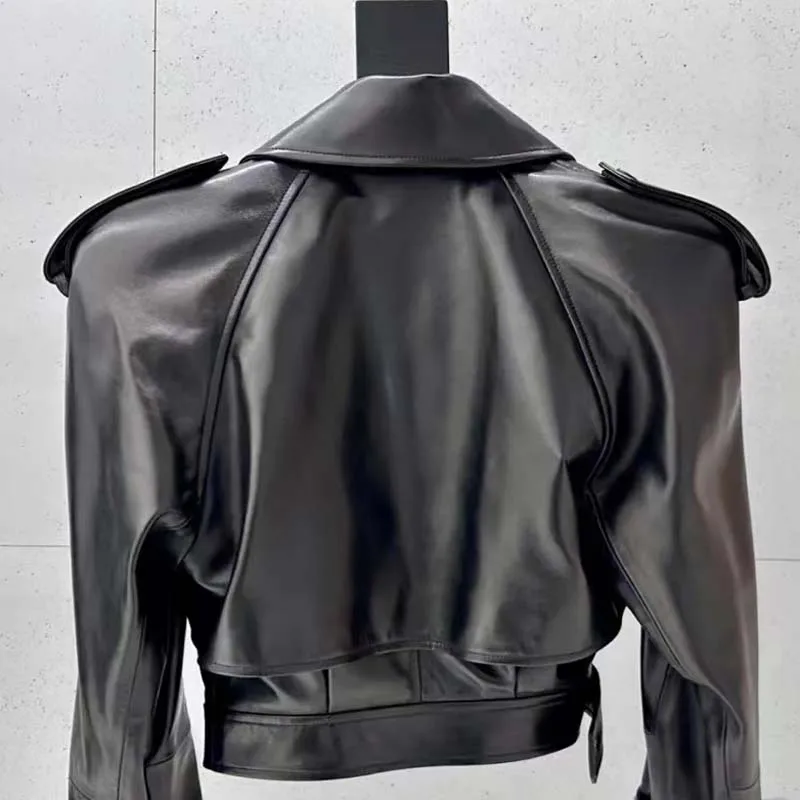 Abrigo de piel auténtica para mujer, chaqueta con cuello vuelto, manga corta con hombros caídos, estilo informal, novedad de primavera 2023