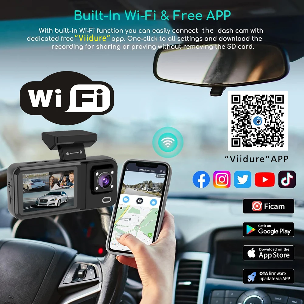 Cámara WIFI 3 cámara de salpicadero cámara de coche FHD 1080P grabadora de vídeo DVR de coche 3 canales visión nocturna caja negra Dashcam cámara de visión trasera