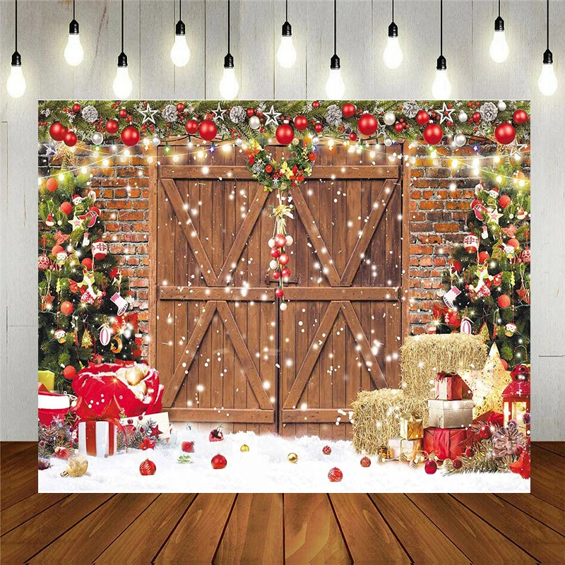 Christmas Barn Wood Door Photography Backdrop for Red Brick Xmas Tree Snow Gift Wall Party Background Family Holiday Decoration