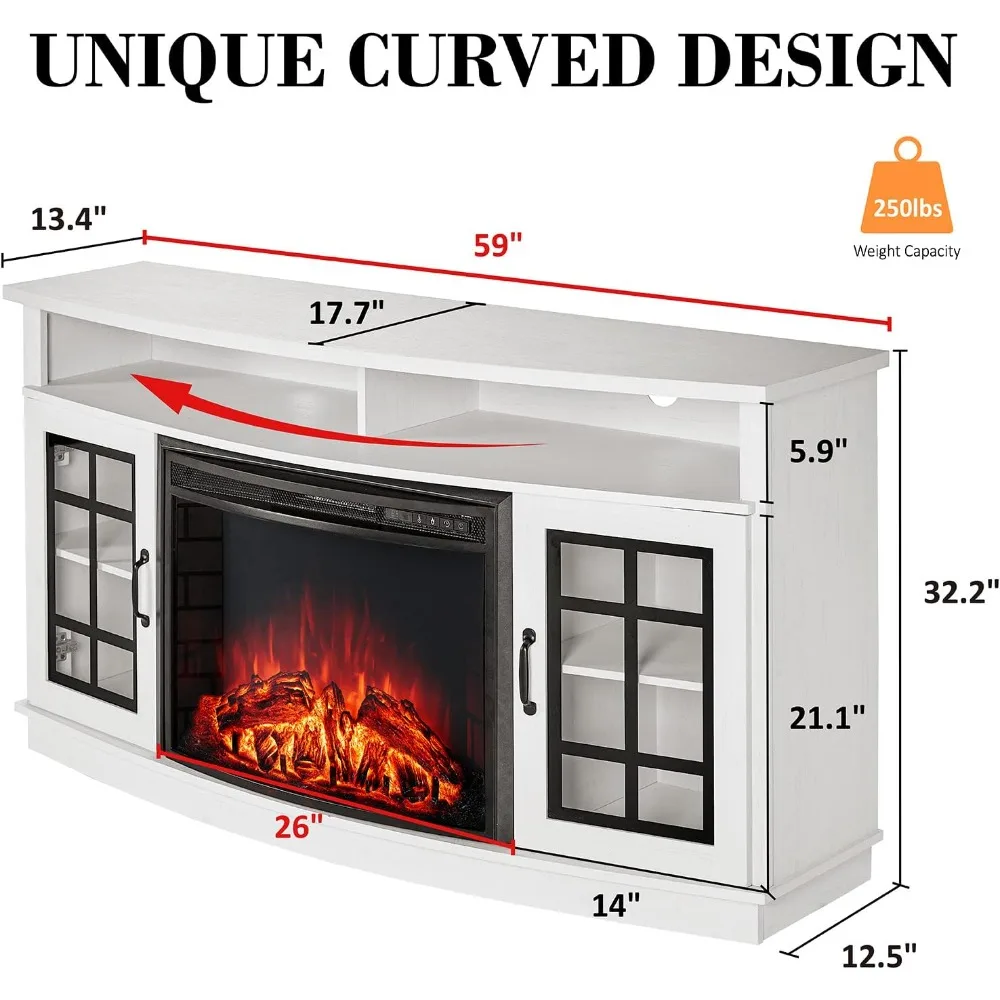 Fireplace TV Stand for TVs Up To 65", Media Fireplace TV Console Table with Storage Farmhouse Glass Door, TVs Stand image 2