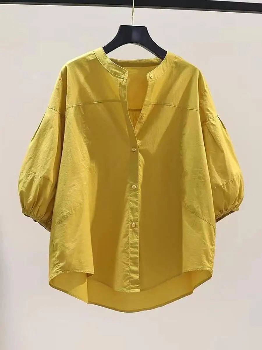 casual-yellow-cotton-shirt-women's-summer-2025-korean-style-artistic-loose-lantern-sleeve-stand-collar-seven-pocket-handkerchief