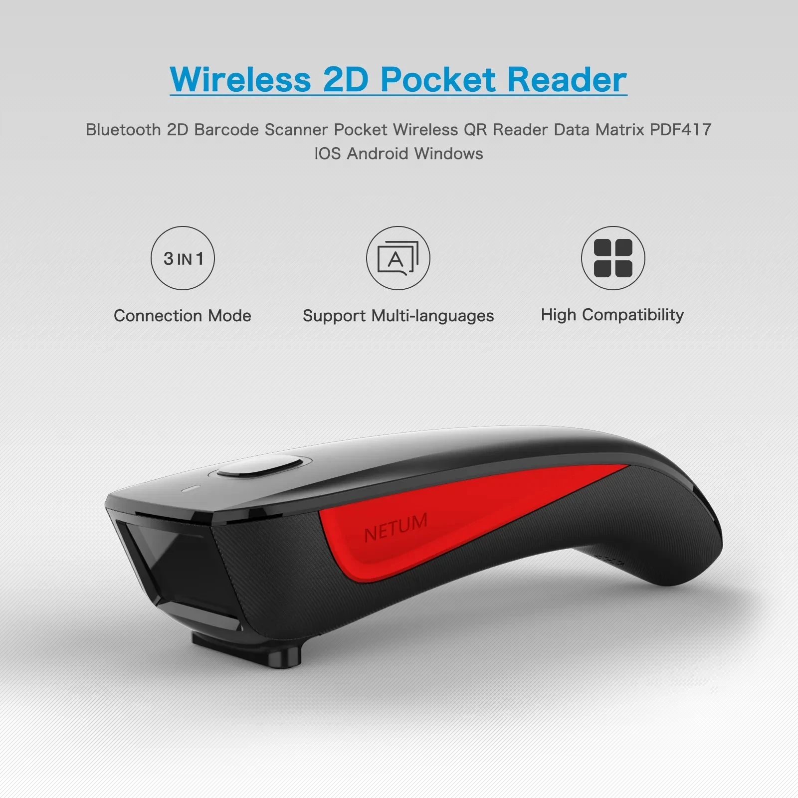 2D Barcode Scanner NETUM C990 Bluetooth Pocket Wireless QR Reader Data Matrix PDF417 IOS Android Windows