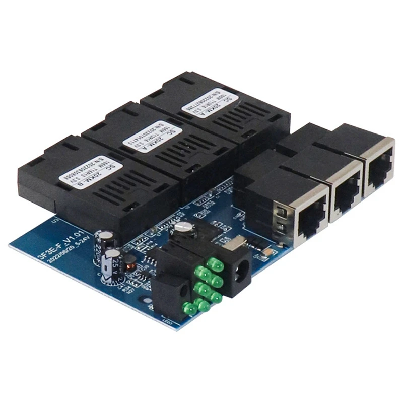 Ethernet Fibra Óptica Media Converter, 100M, 3 RJ45 Suporte RPOE, Simplex SC Fiber Switch, PCBA Board, 20km, 3