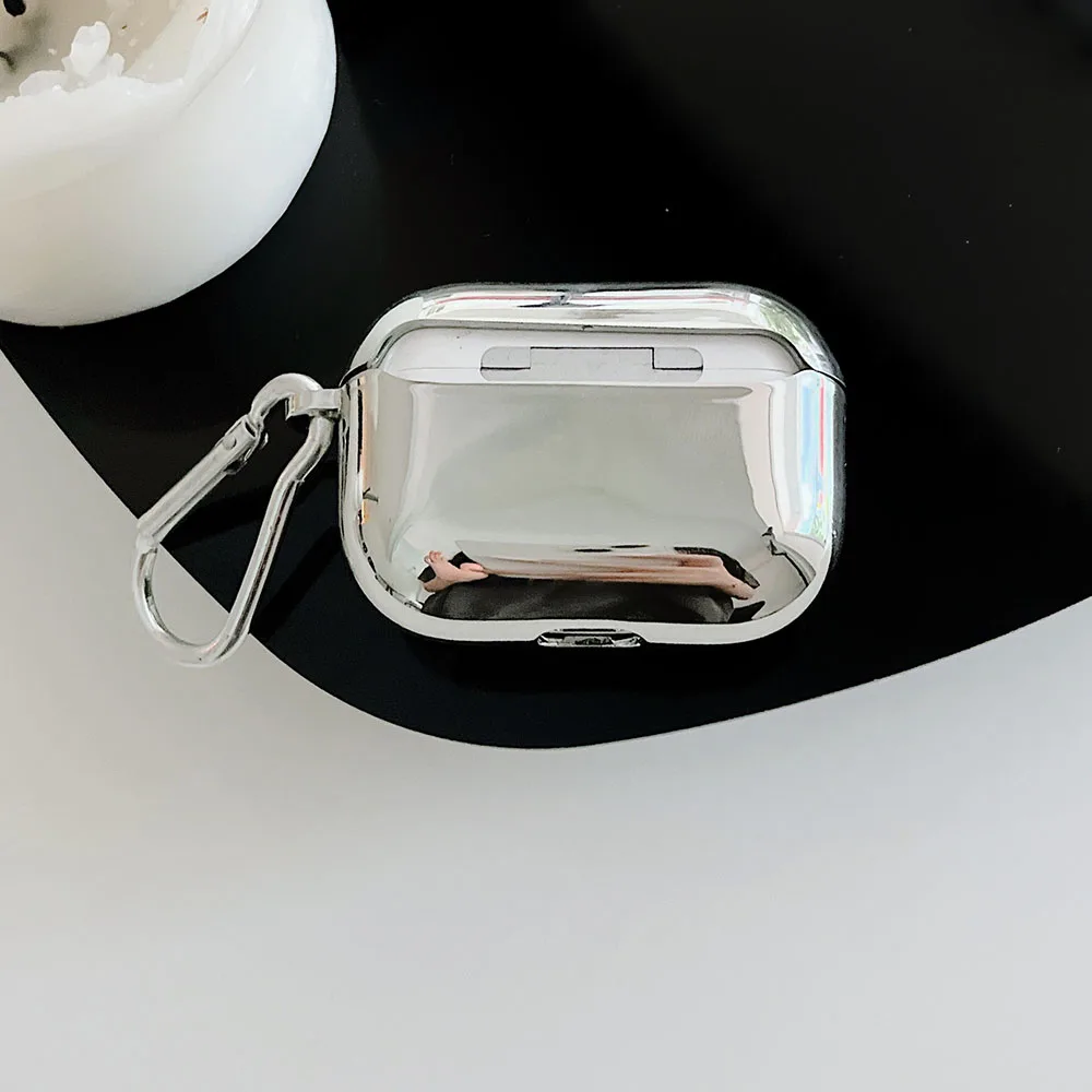 Luxury Electroplated Silver Earphone Box For Airpods 4 Case for AirPods 2 3 pro 2 nd Cover Simple Abstract Heart Keyring Shell