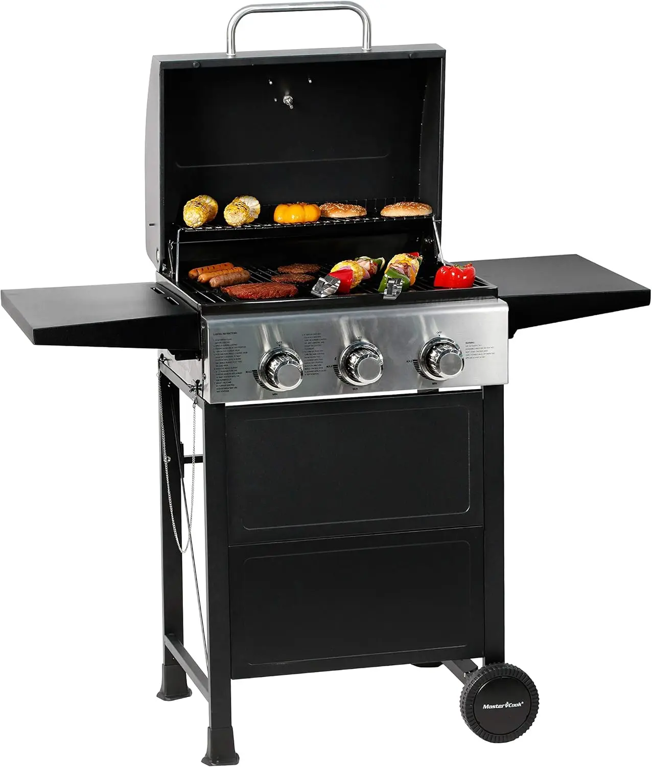 

MASTER COOK 3 Burner BBQ Propane Gas Grill, Stainless Steel 30,000 BTU Patio Garden Barbecue Grill with Two Foldable Shelves