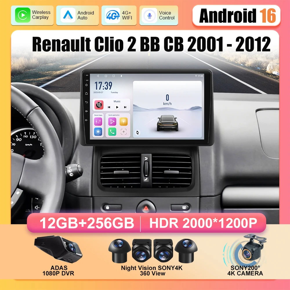 Car Radio For Renault Clio 2 BB CB 2001 - 2012 Stereo Multimedia Video Player Wireless Carplay GPS Navigation Android Auto