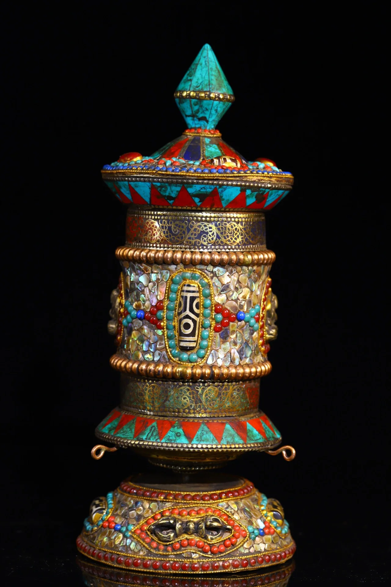 

10"Tibetan Temple Collection Old Bronze Mosaic Gem Turquoise Shell Prayer Wheel Old scriptures Amulet Town House Amulet Dharma