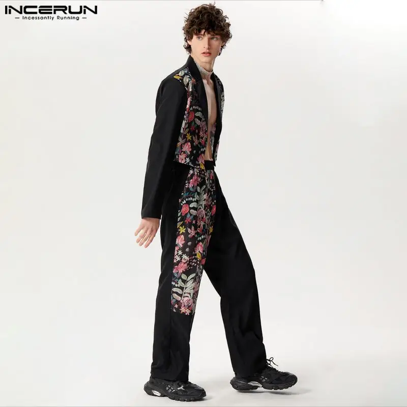 2024 Men Sets Lace Printing Patchwork Lapel Long Sleeve Crop Blazer & Pants 2CPS Streetwear Fashion Men\'s Casual Suits INCERUN