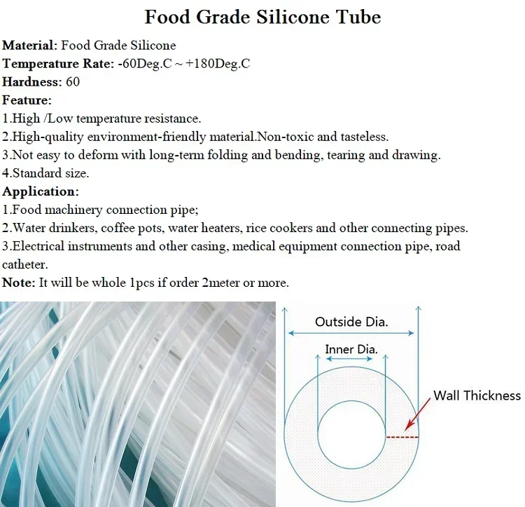 Tuyau en caoutchouc de silicone de qualité alimentaire, tube transparent flexible, diamètre 2mm, 4mm, 5mm, 6mm, 7mm, 8mm, 9mm, 10mm, 11mm, 12mm, 14mm, 16mm, 1m, 5m, 10m