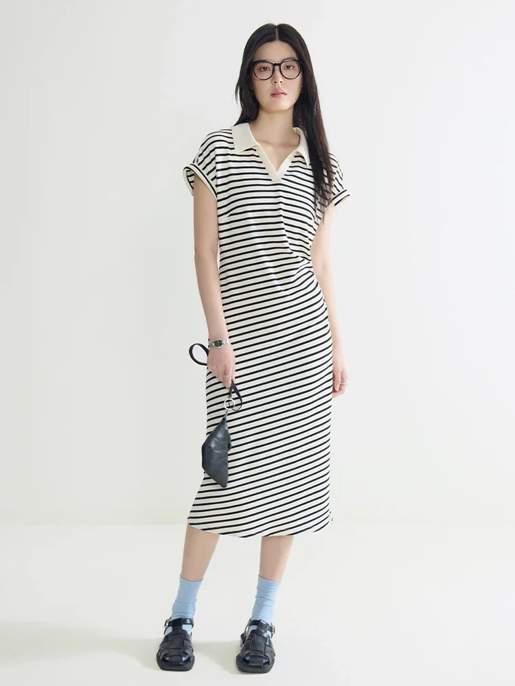 DUSHU Polo Neck abito lungo donna estate sottile nero bianco Stripe abiti manica corta Design pieghettato t-shirt Dress 24 ds82741