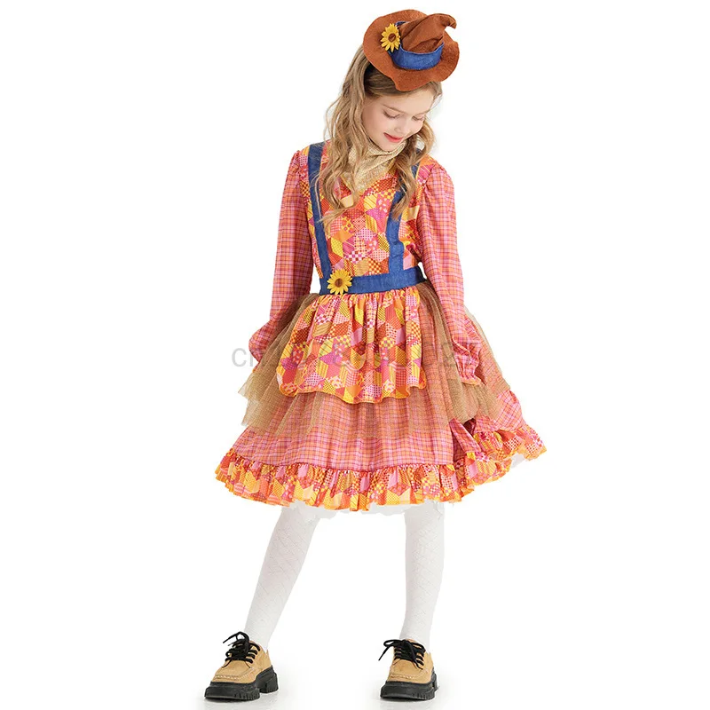 Vêtements de fermier d'Halloween pour enfants, robe d'épouvantail pour filles, costume d'horreur effrayant, robe de jeu en plis pour enfants