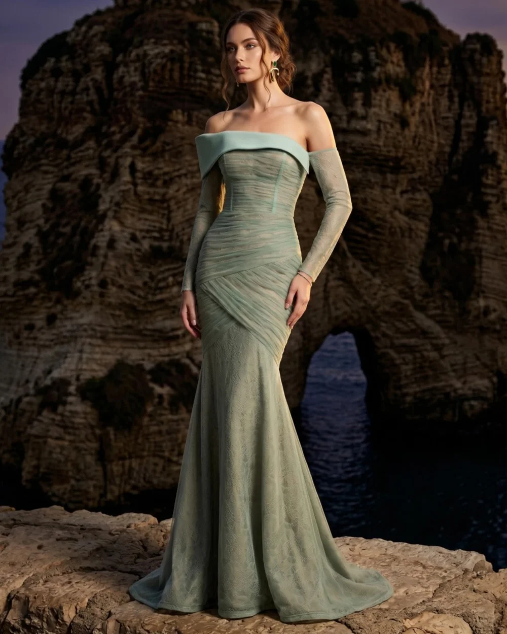 

Customized Modern Style Women Tulle Ruched Pleat Mermaid Evening Dresses Classic Off-the-shoulderthree Quarter Sleeve Party Gown