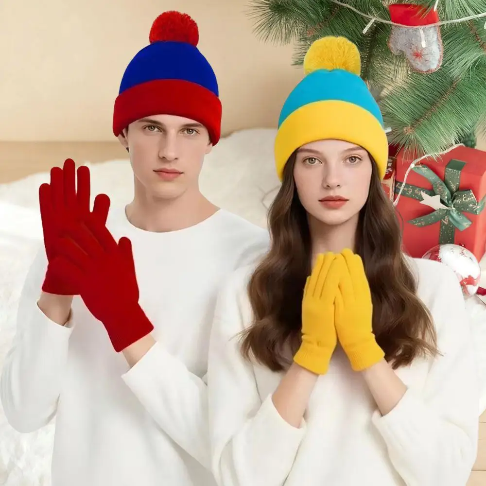 Świąteczny Halloweenowy Futrzany Zestaw Czapka Beanie z Pomponem i Rękawiczki Zimowy Ciepły Strój Cosplay na Imprezę Dzianinowa Czapka Nowy Rok Święta Rodzinne Czapki typu Skullcap