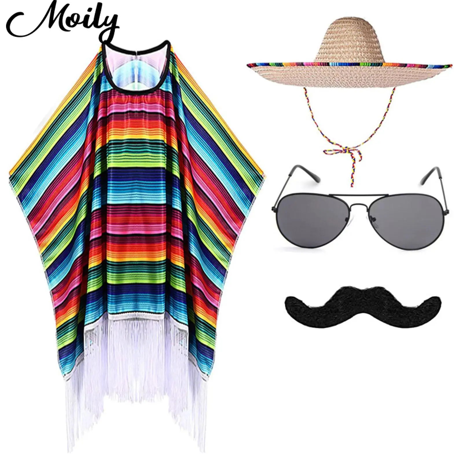 

Unisex Halloween Mexican Fiesta Cosplay Outfit Mexican Carnival Party Costume Colorful Striped Cloak+Hat+Sunglasses+Mustache Set
