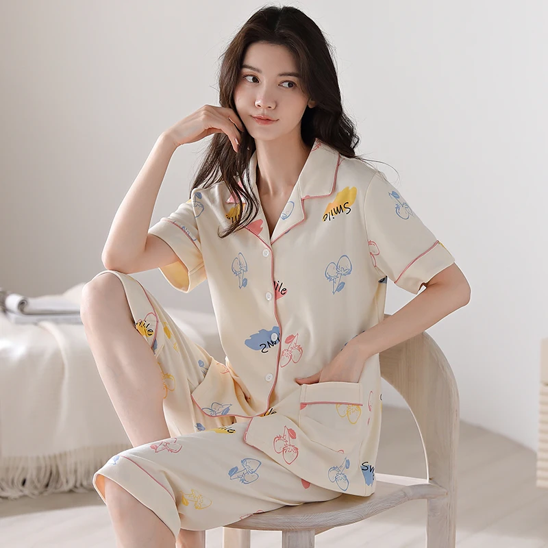 

Женская летняя пижама из 100% хлопка с коротким рукавом и отложным воротником