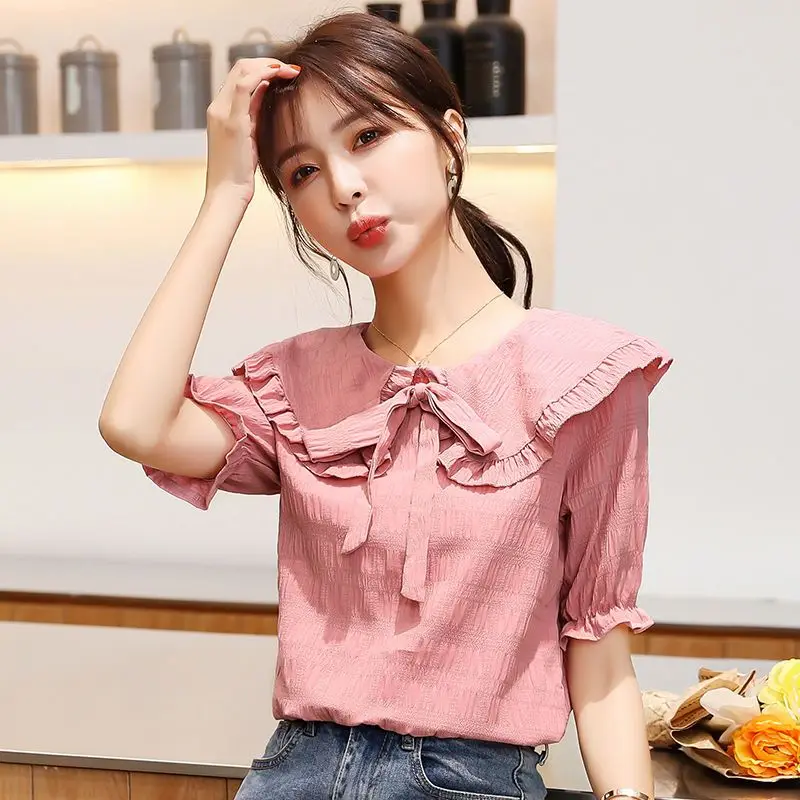Women Clothes Summer Fashion Simplicity Sweet Bow Short Sleeve Shirts Women's Solid Color All-match Elegant Temperament Tops