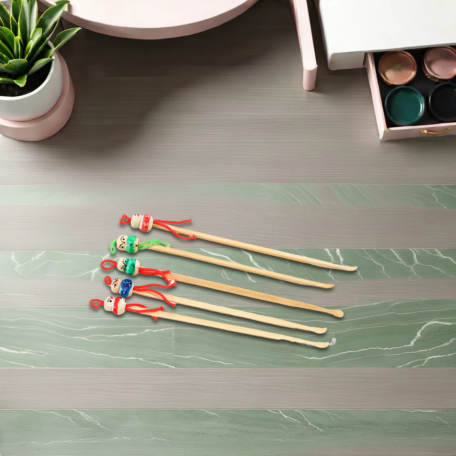 12Pcs Cartoon Ear Picker Wooden Chinese Figure Design Hanging Ear Cleaner for Keys Bags Portable Lightweight Wax Remover