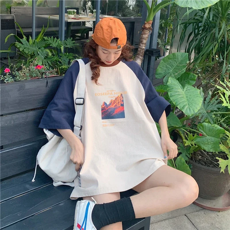 T-shirts Women Long Patchwork Graphic O-neck Three Quarter Sleeve Korean Preppy Style Design Elegant Ladies Kawaii Girls Hipster