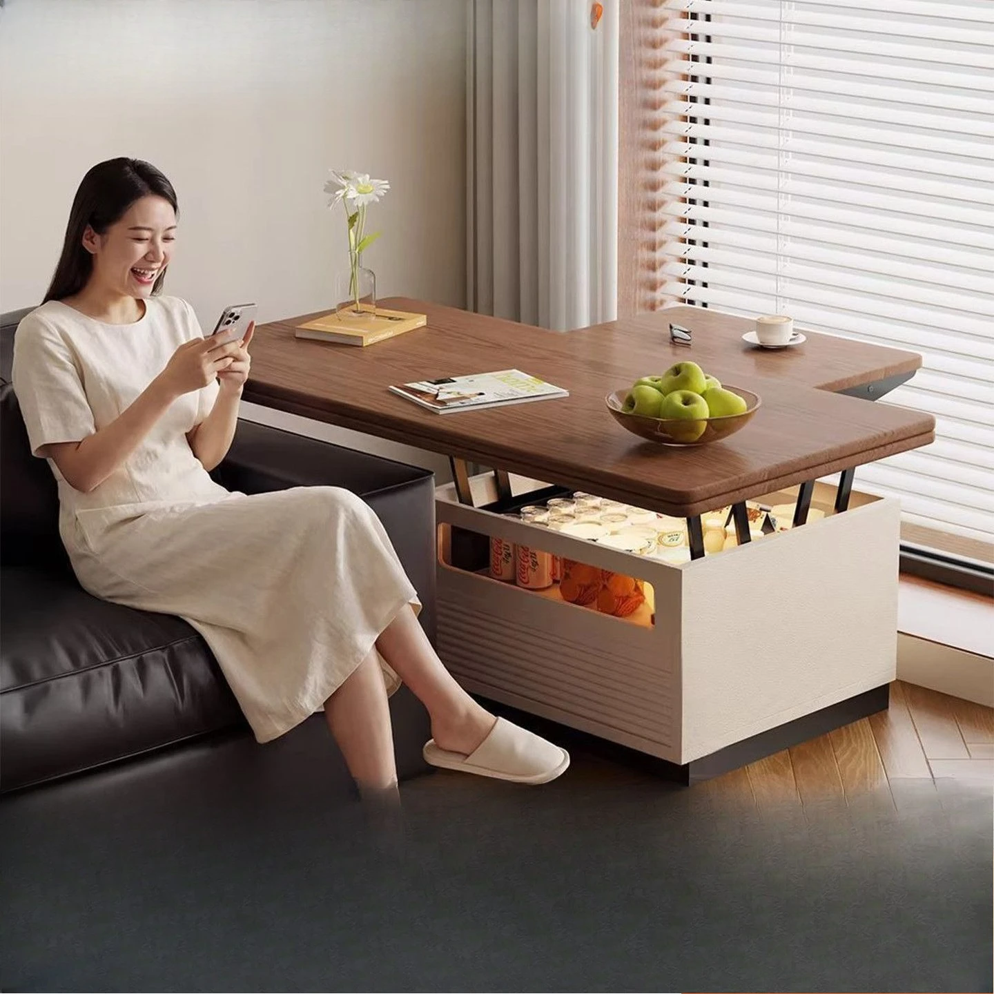 Solid wood liftable folding mobile coffee table small apartment living room household two-in-one dining table with stool deforma