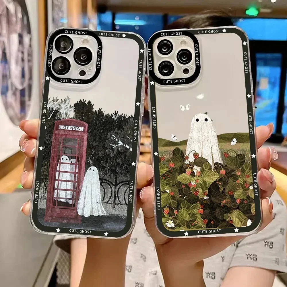 Cute Ghost Phone Case for IPhone XS MAX X XR SE2020 7 8 Plus 15 14 13 12 11 Pro Max Mini Clear Soft Cover Funny Halloween Fundas