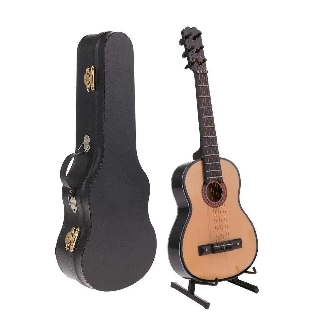 Miniature Wooden Guitar Music Instrument Model Dollhouse Accessory for Home Decor Ornaments and Mini Furniture