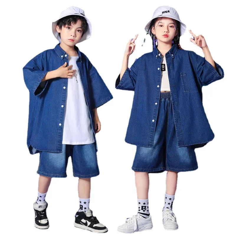 Summer Kids Boys Girls Streetwear Fashion Hip Hop Loose Denim Short Sleeve Shirts Shorts Jeans Sets Children Stage Dance Clothes