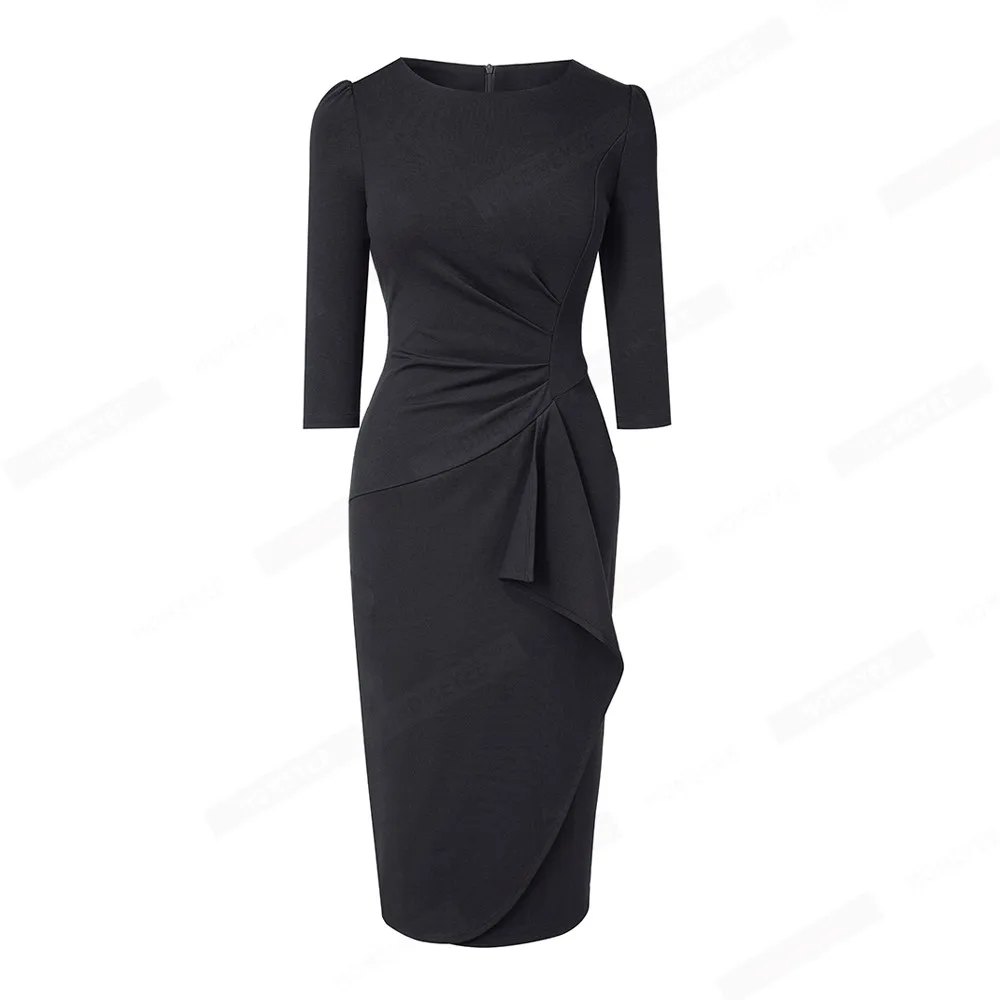 Vrouwen Business Elegante Effen Kleur 3/4 Mouw O Hals Ruches Lady Bodycon Potlood Jurk EB733