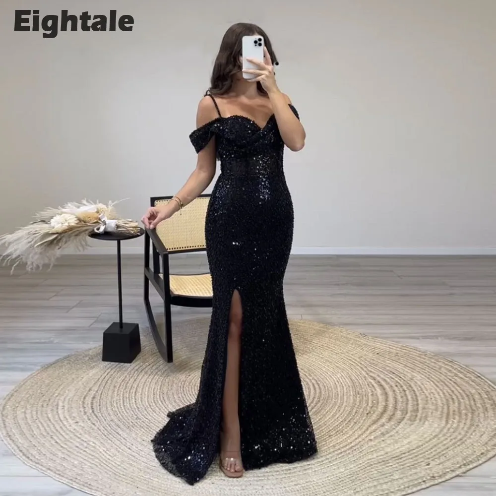 

Eightale Sequin Evening Dress Spaghetti Strap Side Slit Mermaid Prom Gowns Celebrity Wedding Party Dress Robes De Soirée