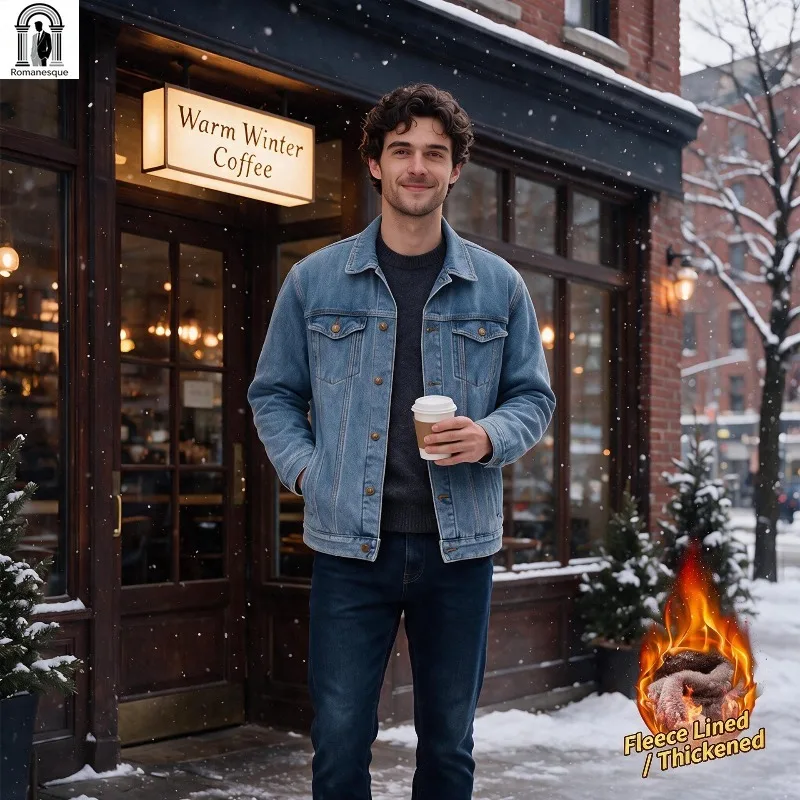 High Quality Men's Thickened Sherpa Lined Denim Jacket, Warm Winter Vintage Washed Jean Coat Casual Street Outerwear