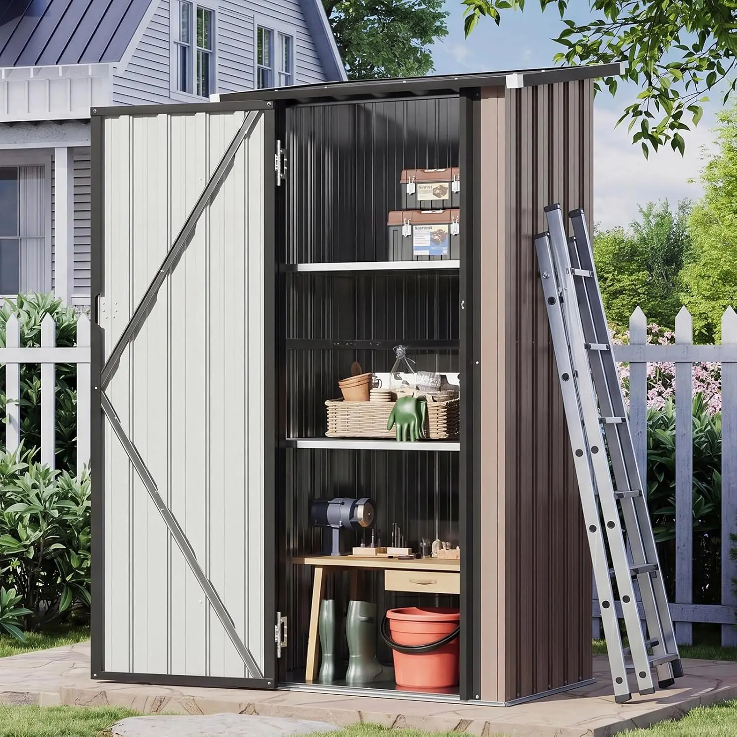 Outdoor Storage Cabinet Shed, Vertical Storage Locker With Floor, Waterproof Small Wooden Tool Organizer Shed, Two Adjustable Shelves Lockable Double Doors For Backyard Garden Patio Lawn Indoor, Brown