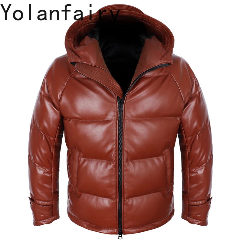 Winter New Top Layer Sheepskin Down Coat Men\'s Genuine Leather Jackets 400g White Duck Down Warm Hooded Leather Puffer Jacket FC