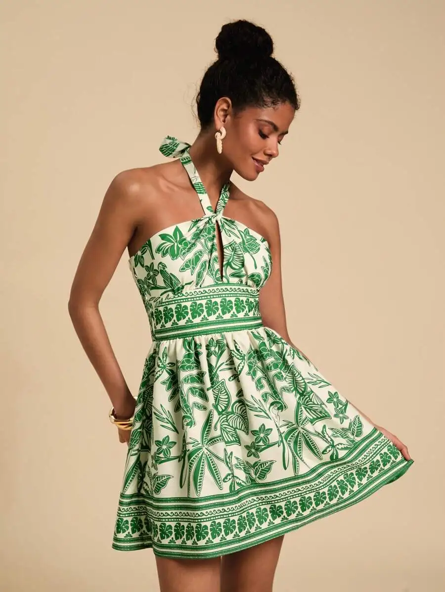 

Womens Halter Neck Tropical Plant Print Mini Dress Bohemian Beach Style Summer Casual