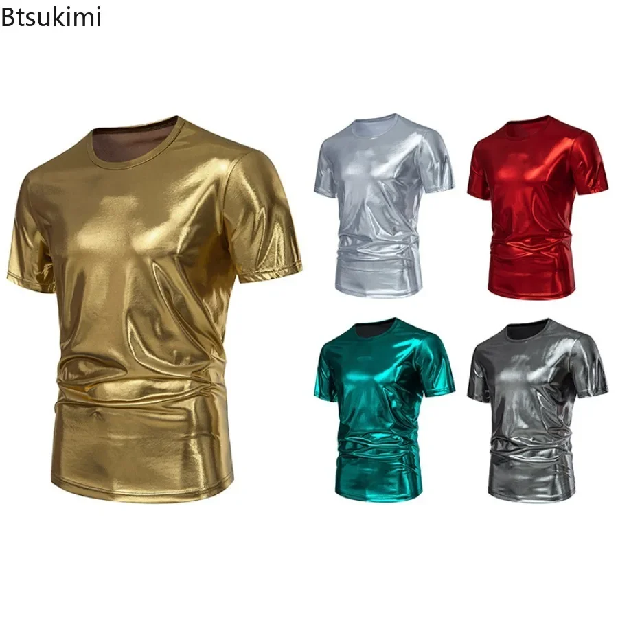 

2025 Men's Fashion Party Stage Costume Trendy Glossy Surface Round Neck Design Short Sleeve T-shirt for Men Vintage Casual Tops