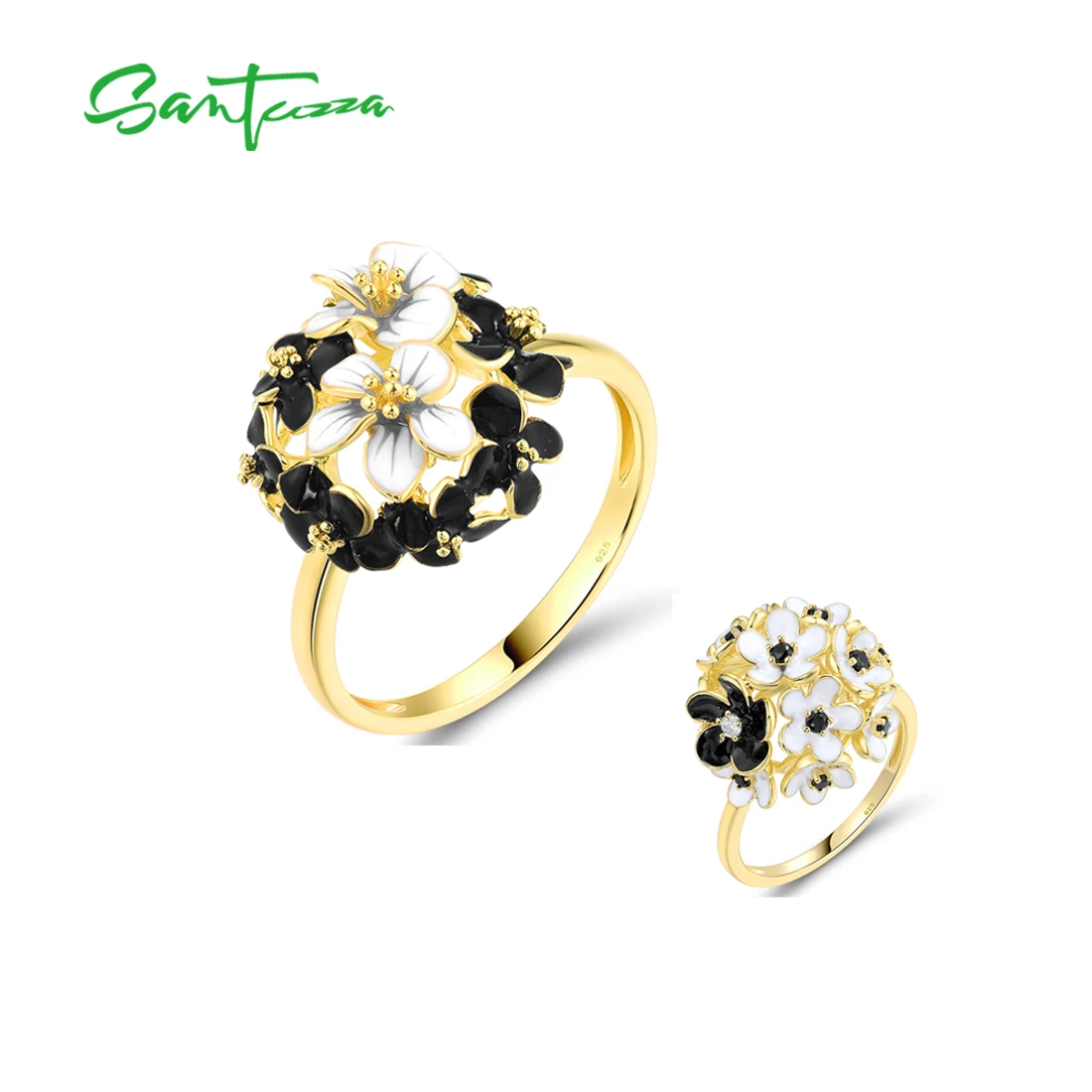 

SANTUZZA кольца из чистого серебра 925 пробы для женщин, сверкающий белый, черный цветочный шар, эмаль, свадебный и помолвочный комплект ювелирных украшений