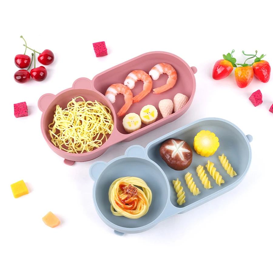 Baby-Silikon-Saugnapf-Schüssel, süßes Bären-Design, Macaron-Farbe, 100 % lebensmittelechtes Silikon, BPA-frei, Doppelplatten-Design für Mahlzeiten